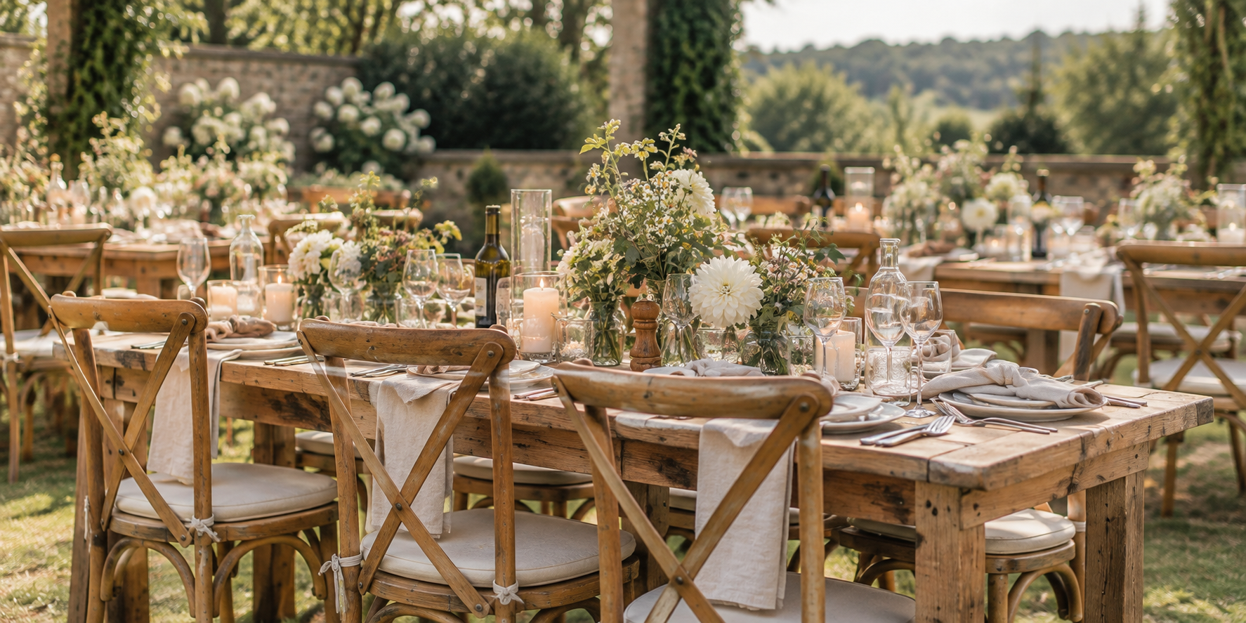 Wedding table at 10pm with candles burnt low, empty wine glasses and cross-back chairs pushed back