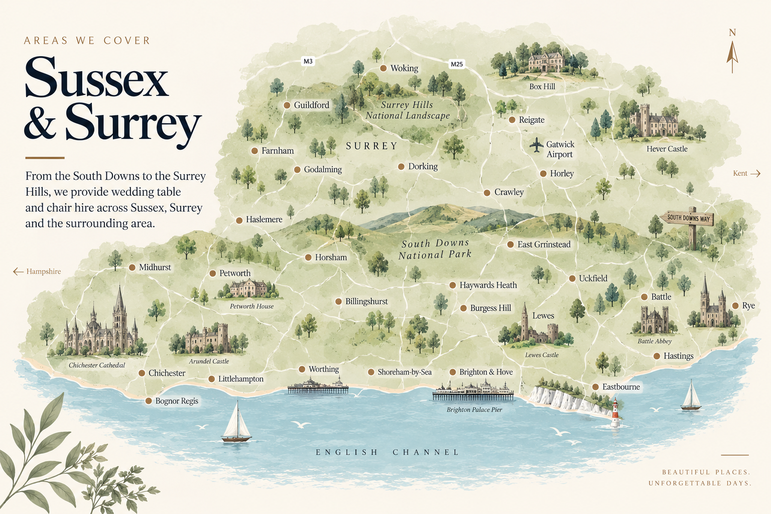 Illustrated map of Sussex and Surrey showing the areas we cover for wedding table and chair hire