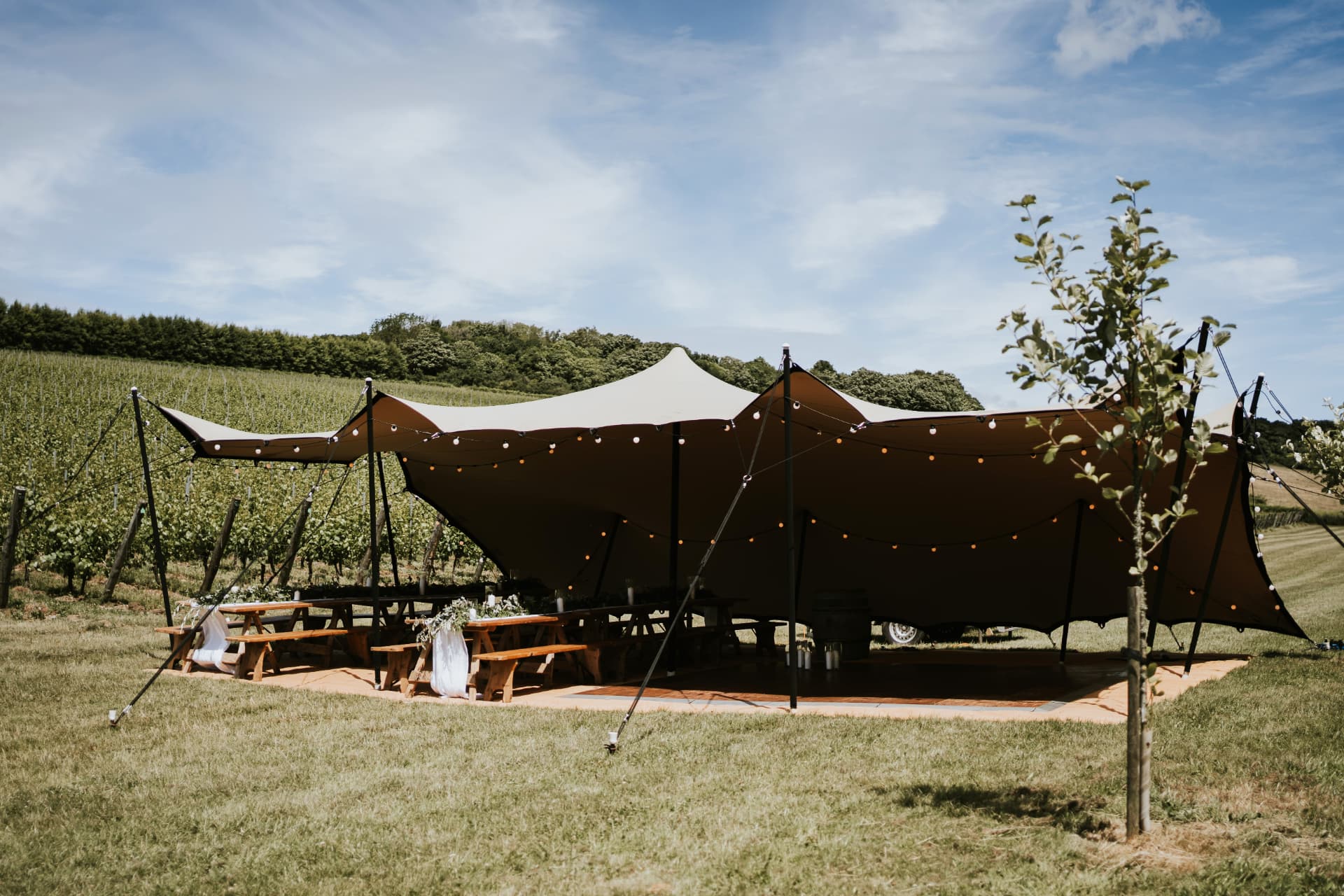 Stretch tent wedding reception in the Wiston Estate vineyard with rustic tables