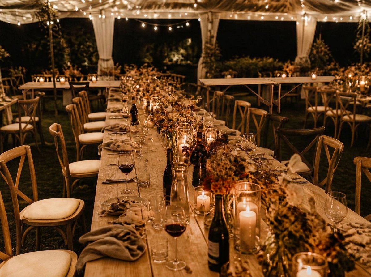 Rustic wedding table lit by candles late in the evening