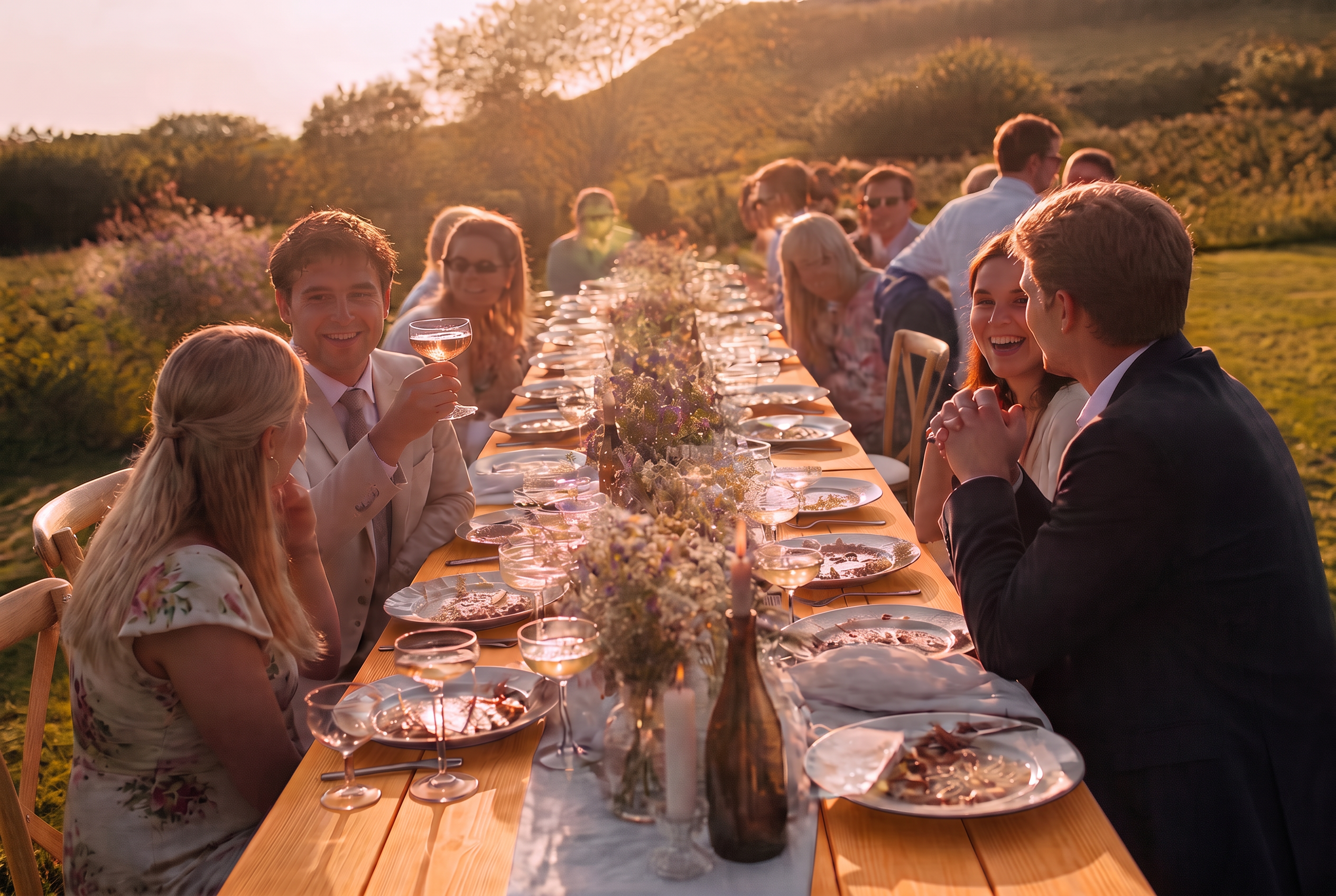 Long rustic wooden wedding table lined with cross-back chairs at golden hour, guests laughing and raising glasses